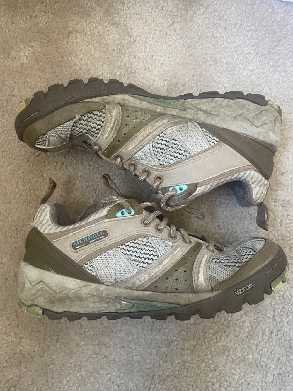 Merrell Women's Tan and Olive Green Trail Shoes with Teal Accents